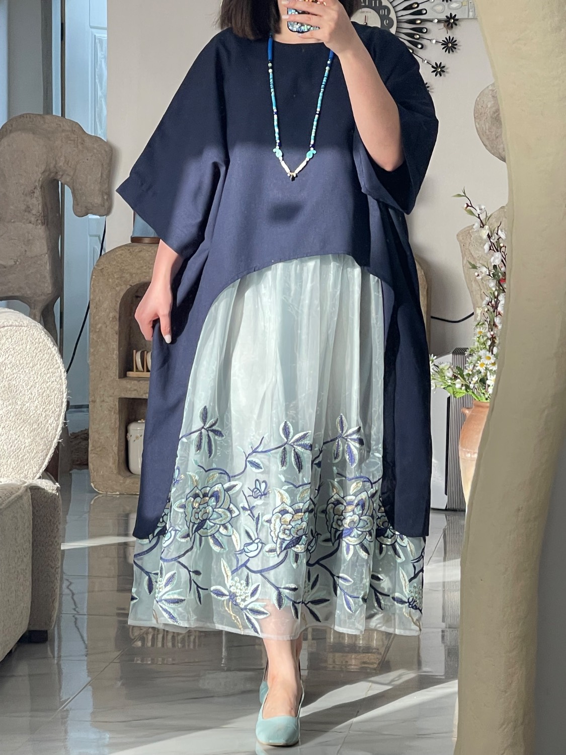 ست سارافون و رویه لینن رنگ سورمه ای