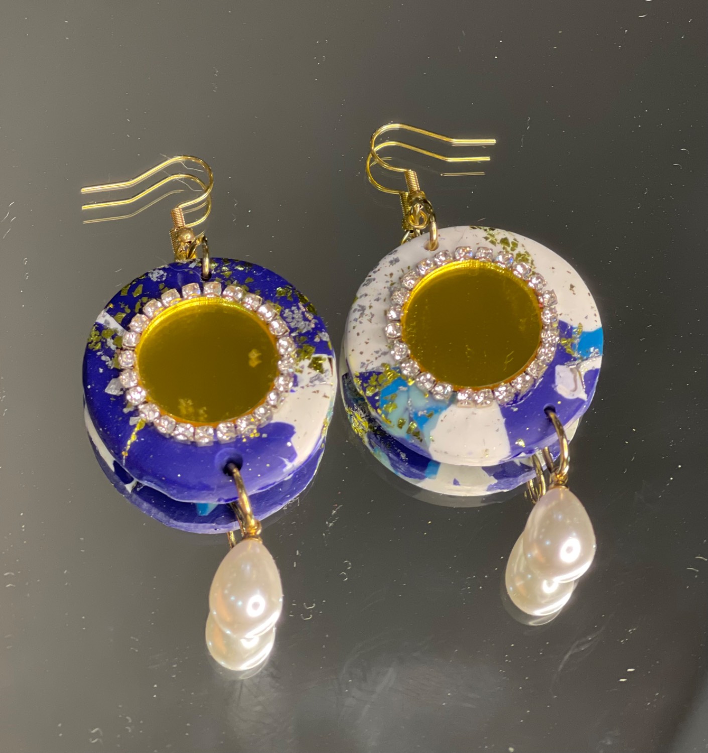 گوشواره خمیری آبی و مروارید