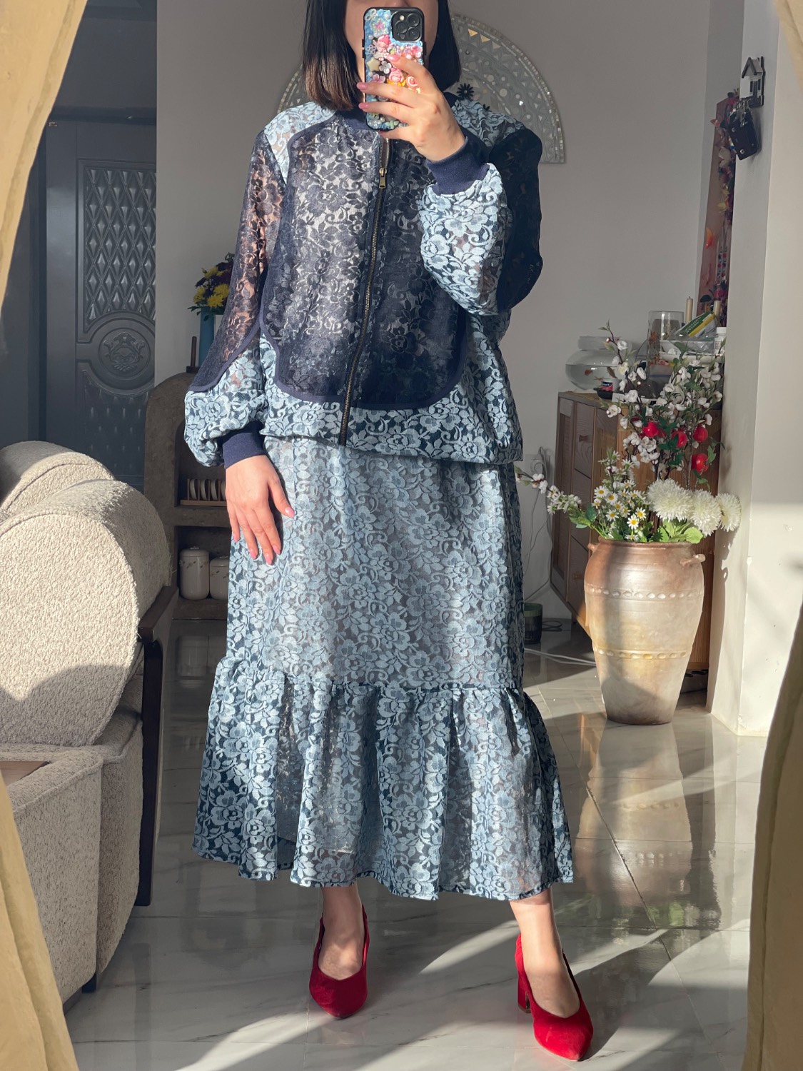 ست بامبر سرمه ای و آبی و دامن آبی