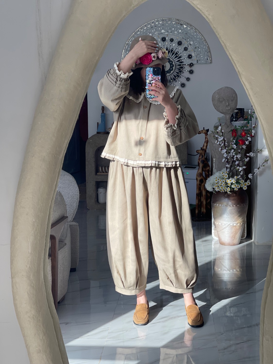ست لینن خاکی (شومیز و شلوار خمره ای)