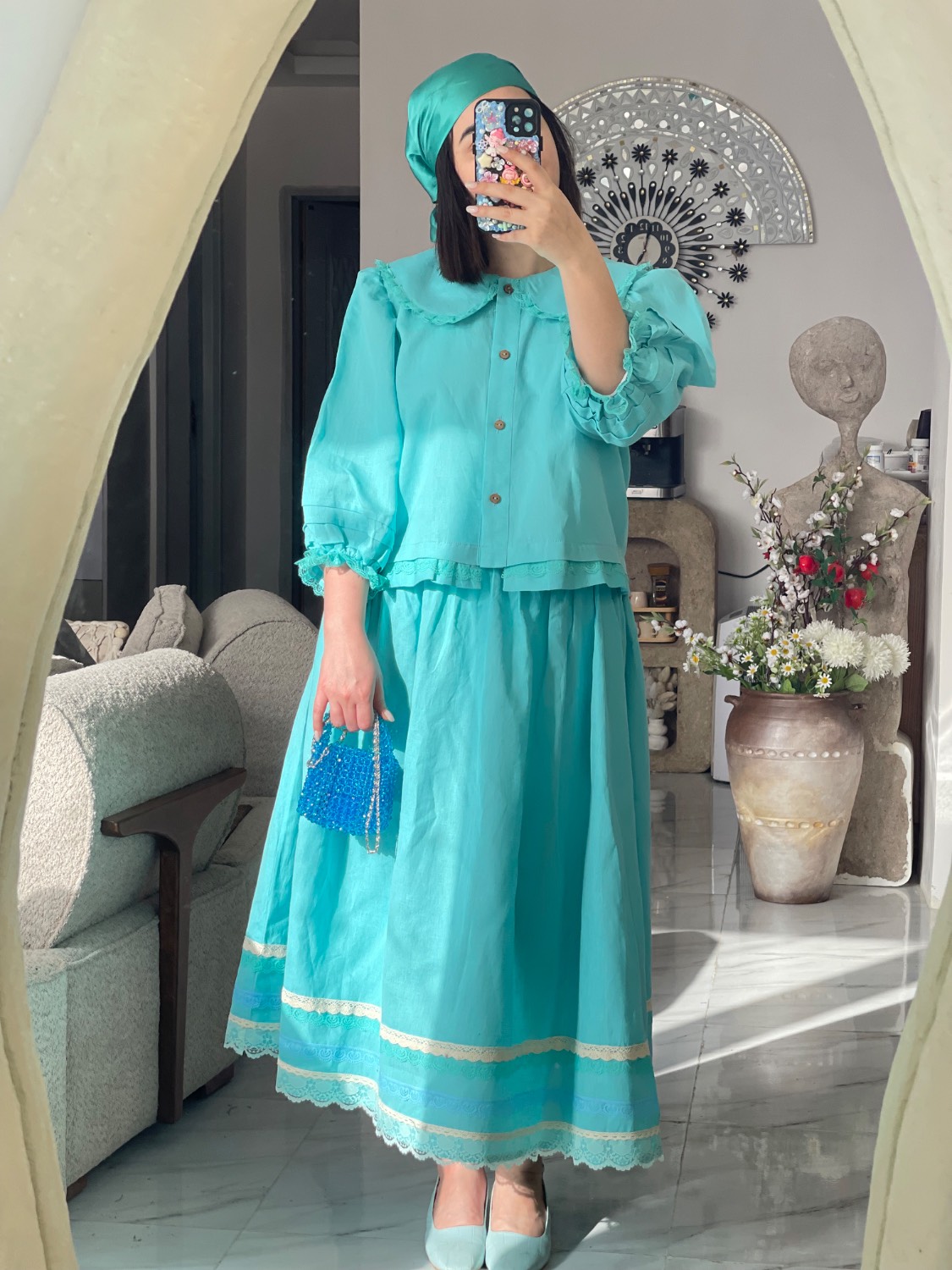 ست لینن آبی فیروزه ای (شومیز و دامن)