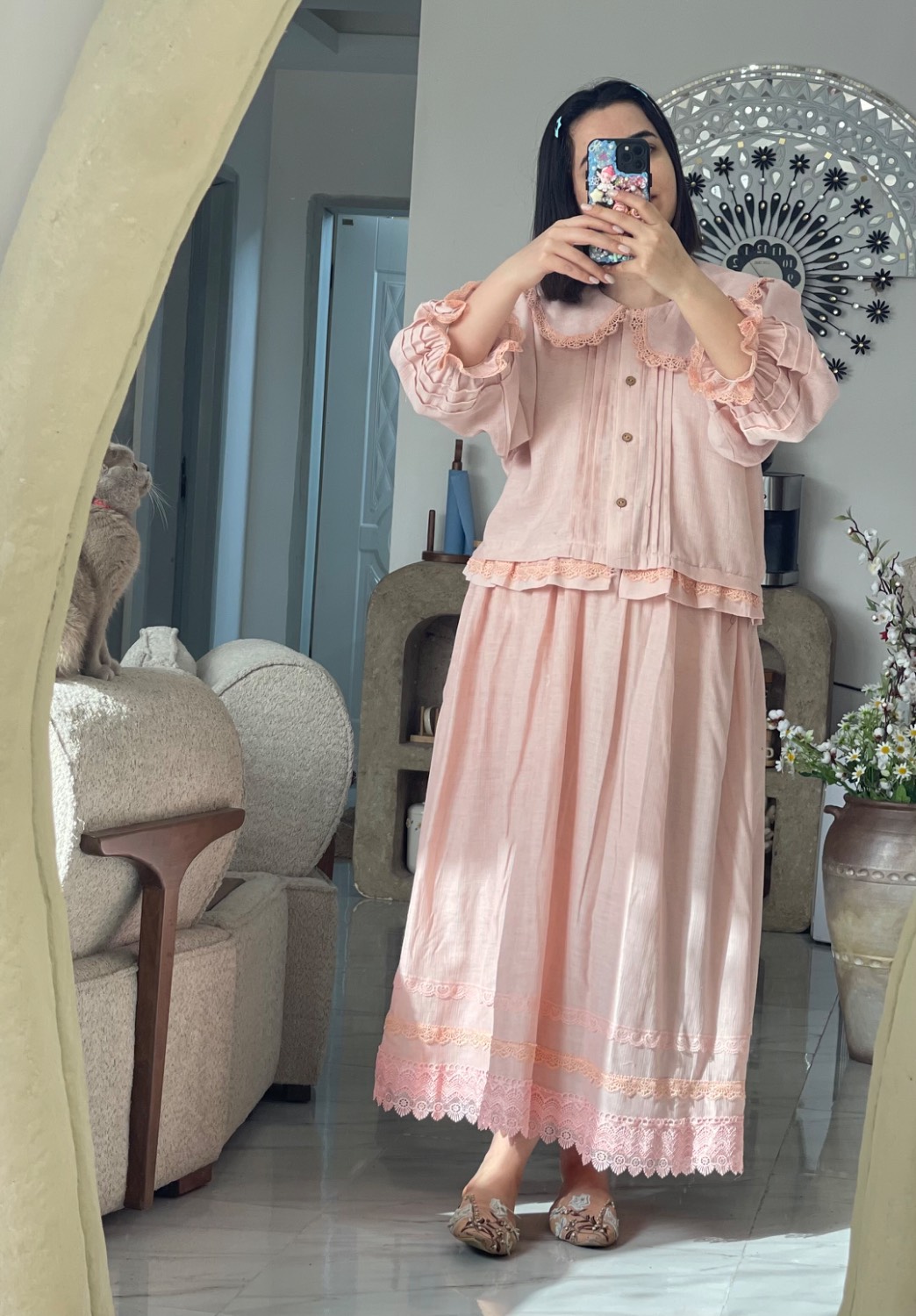ست لینن صورتی (شومیز و دامن)