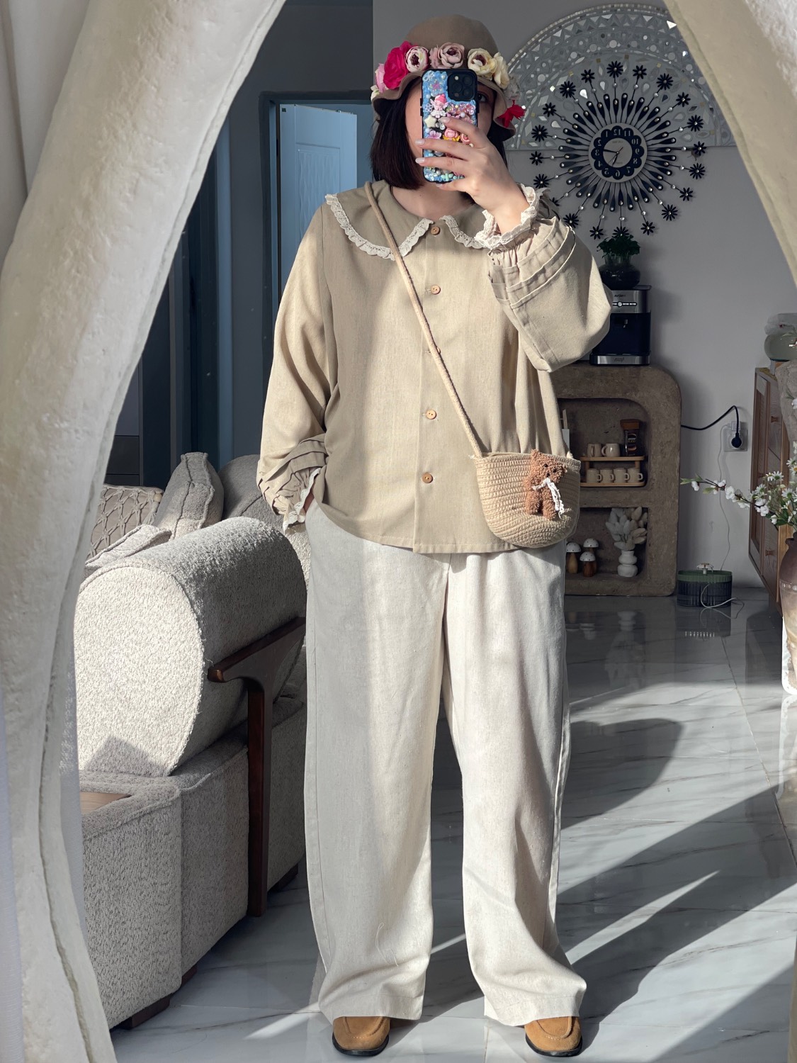 ست شومیز خاکی و شلوار لینن کرم