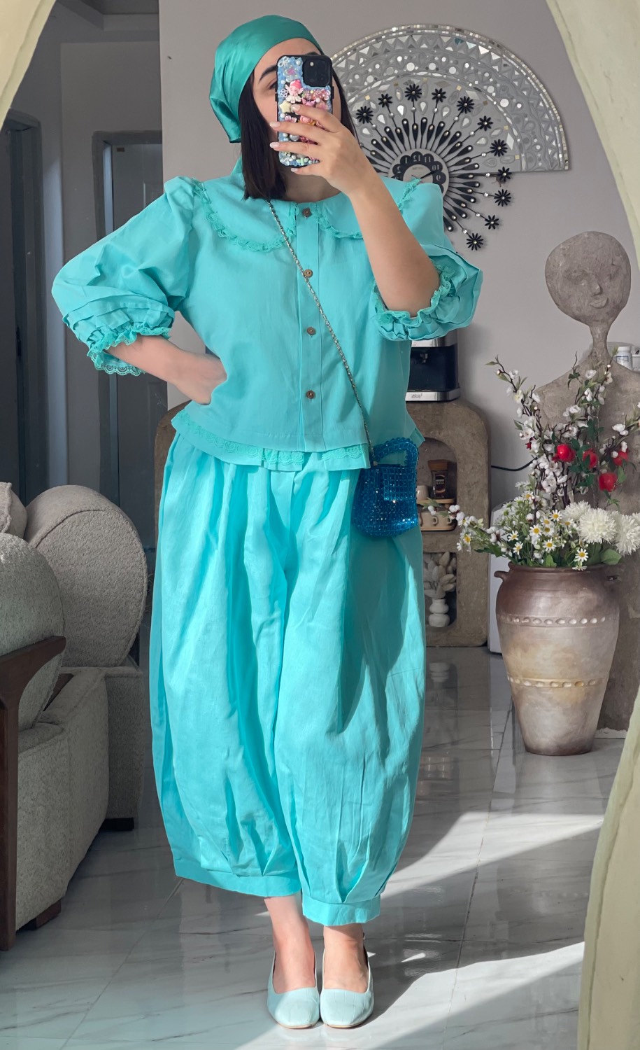 ست لینن آبی فیروزه ای (شومیز و شلوار خمره ای)